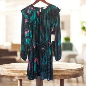 Nine West Women's Green Chiara Floral Mini Dress Long Ruffle Sleeve Lurex